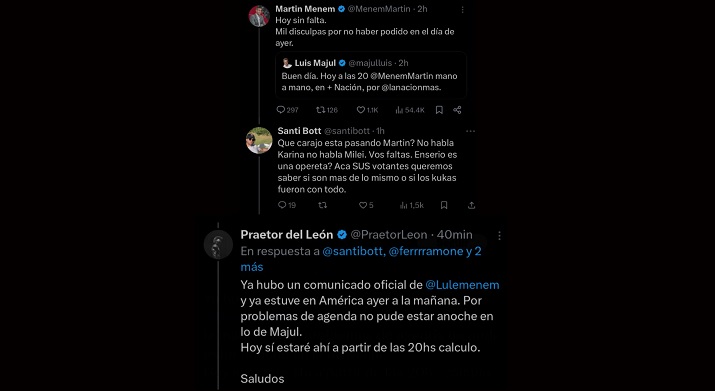 Martín Menem se equivocó y usó su cuenta de troll mileísta para responder