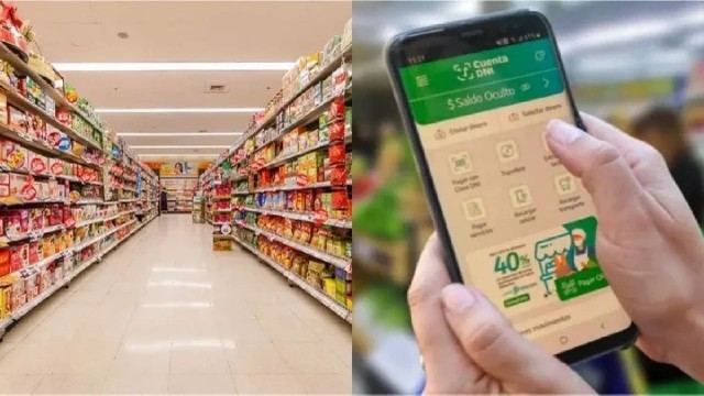 Persona usando el celular para pagar con la aplicación Cuenta DNI en un supermercado.