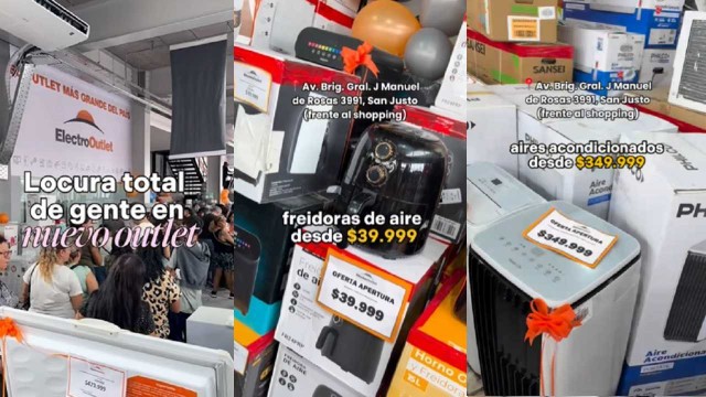 Fachada del local Electro Outlet en San Justo, con carteles que anuncian descuentos y promociones.