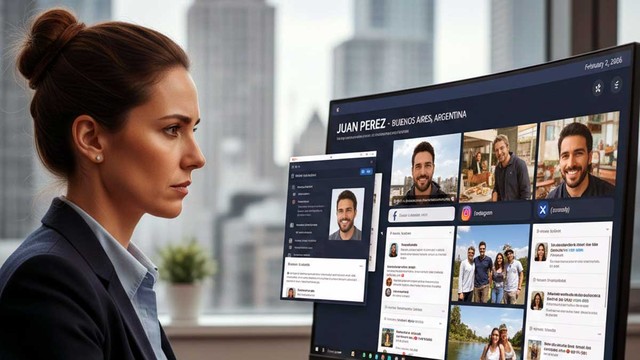 Persona interactuando con una interfaz de inteligencia artificial en un entorno laboral moderno