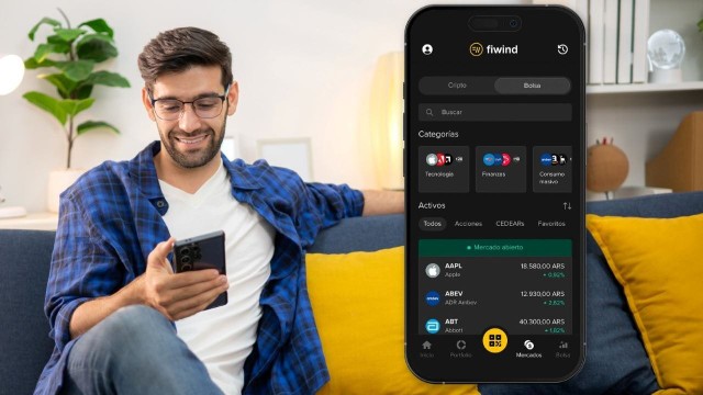 Captura de pantalla de la aplicación Fiwind mostrando la nueva sección para invertir en bolsa junto a opciones de criptomonedas.