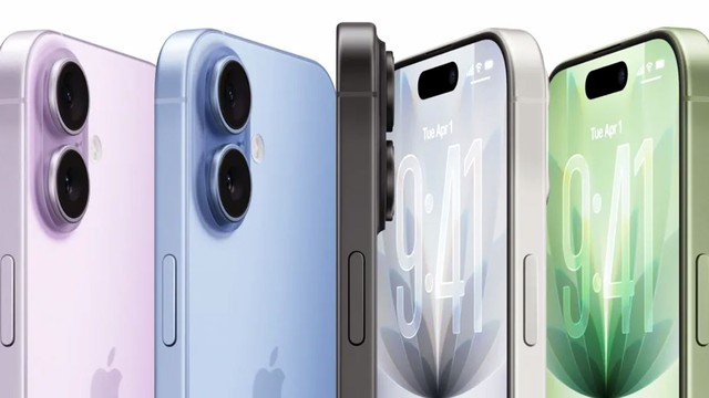 Tres modelos de iPhone alineados: iPhone 17, iPhone 14 y iPhone 15, sobre fondo blanco
