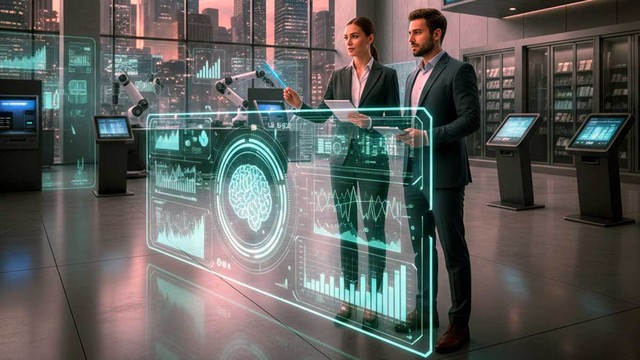 Ilustración de un asistente de Inteligencia Artificial realizando una compra en línea en un dispositivo móvil.