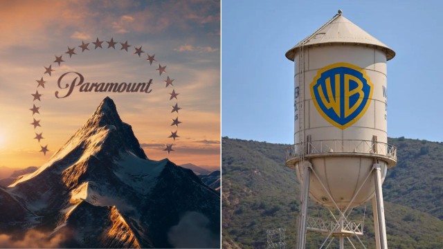 Logos de Paramount y Warner Bros. Discovery sobre fondo azul