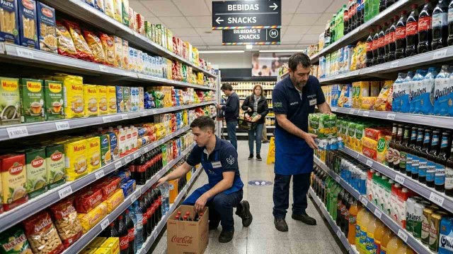 Empleado de comercio en un mostrador de tienda, con billetes y calculadora, representando el sueldo mínimo de mayo 2026