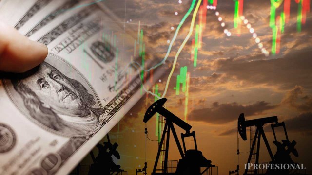 Gráfico de evolución del precio del petróleo Brent y una plataforma de extracción en Vaca Muerta.