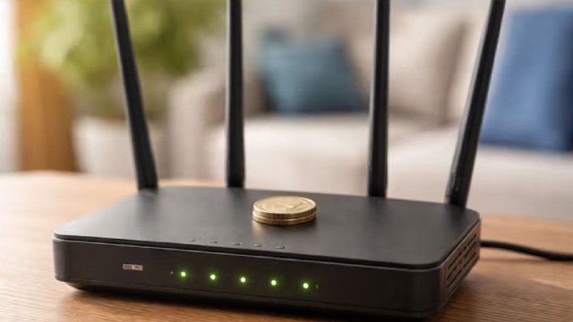 Router con una moneda colocada encima, en un entorno doméstico.