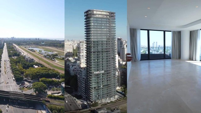 Vista interior y panorámica desde el departamento en el piso 34 de la torre L'Avenue Libertador en Palermo Chico, CABA.