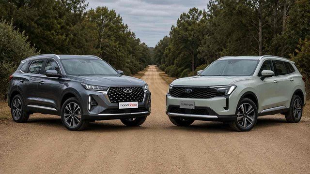 Ford Territory Hybrid y Chery Tiggo 7 Pro Hybrid estacionados uno al lado del otro