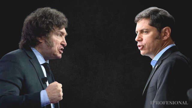 Gráfico de encuesta electoral con nombres de Milei y Kicillof