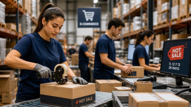 Personas trabajando en un depósito preparando pedidos para el Hot Sale