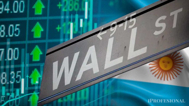 Gráfico de acciones argentinas y logotipos de bancos de Wall Street