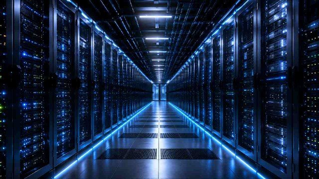 Centro de datos con servidores y luces led azules