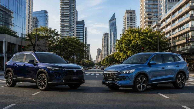 Toyota Corolla Cross y BYD Song Pro estacionados en un contexto urbano de CABA