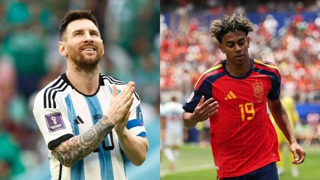 Jugadores de Argentina y España disputando un balón en un partido de fútbol