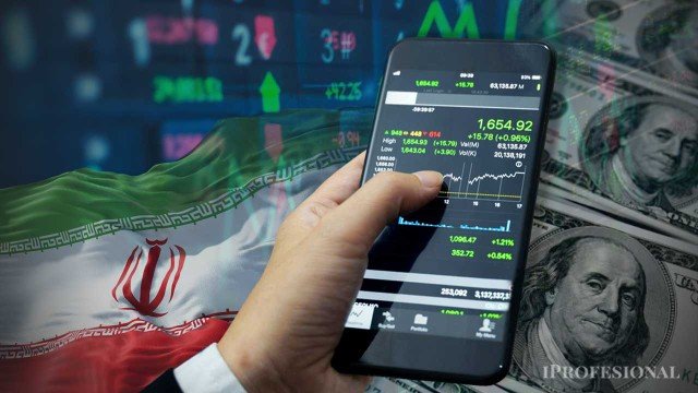 Bandera de Estados Unidos e Irán con gráficos de dólar y petróleo